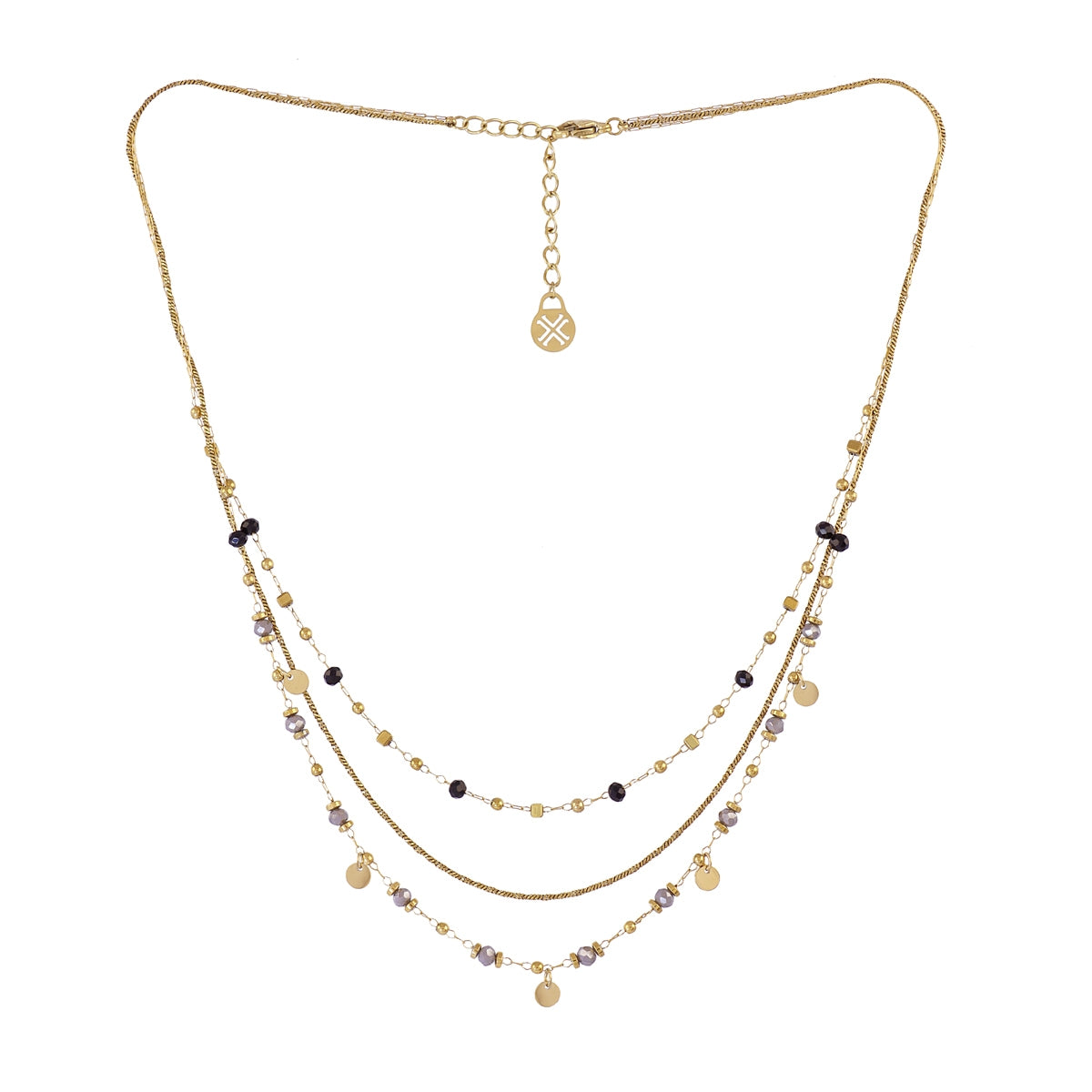 Collar Spirit Vilo dorado con triple cadena y cristales facetados en acero quirúrgico
