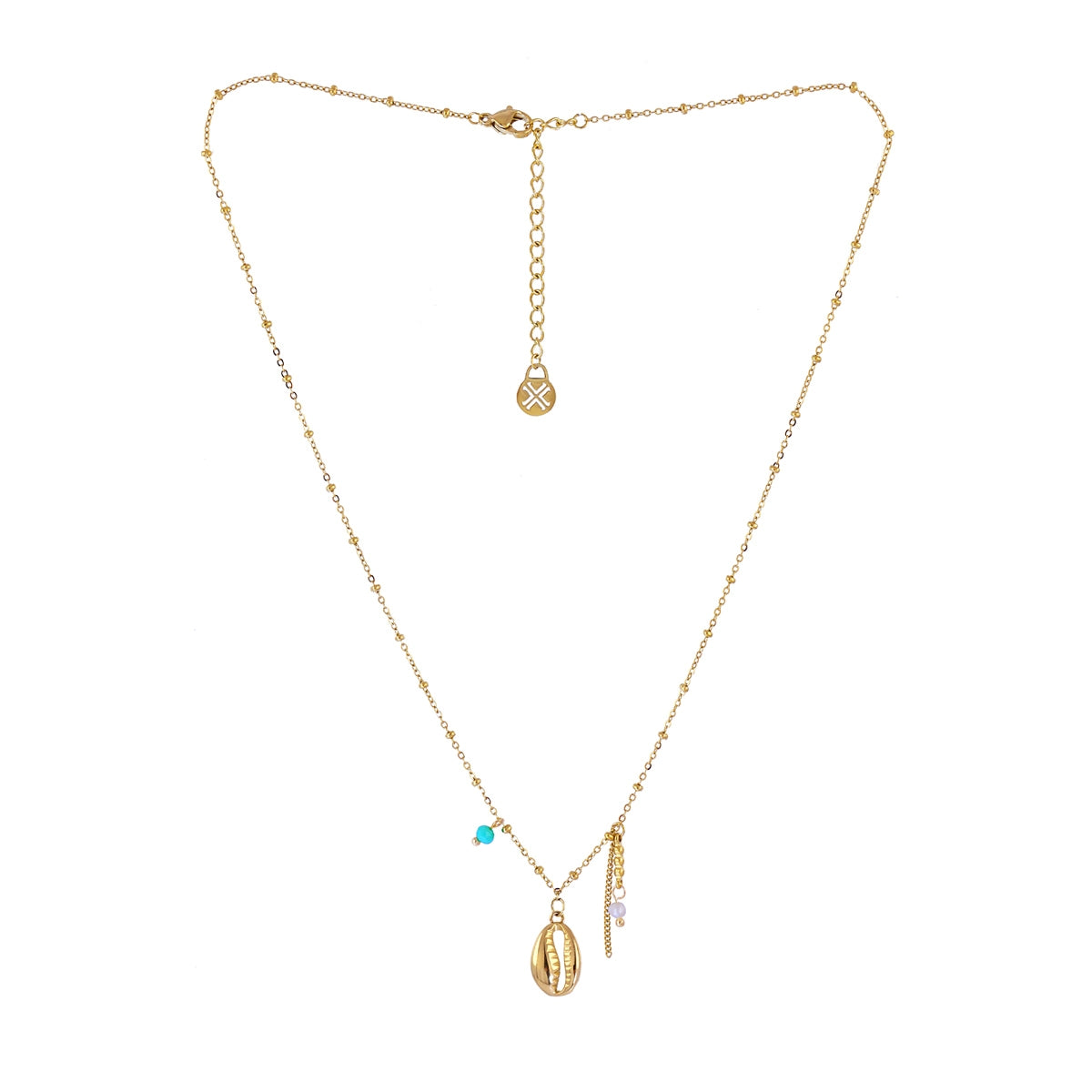 Collar Tide Oceanic en acero dorado con concha central y cuentas turquesa
