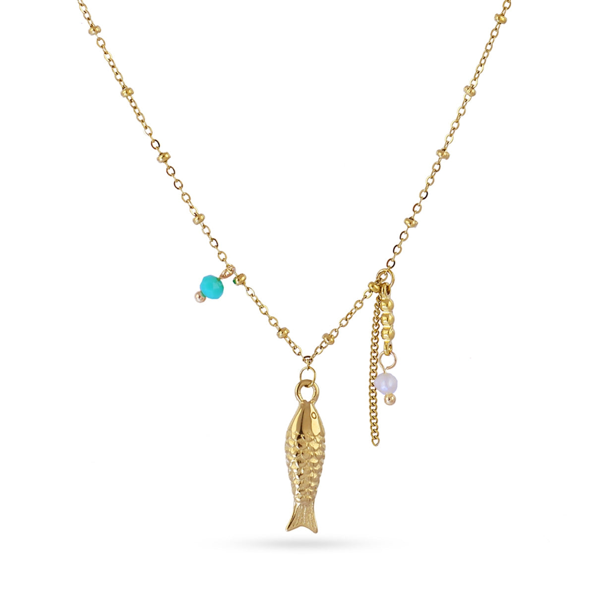 Collar dorado con cola de pez y cuentas azules – detalle
