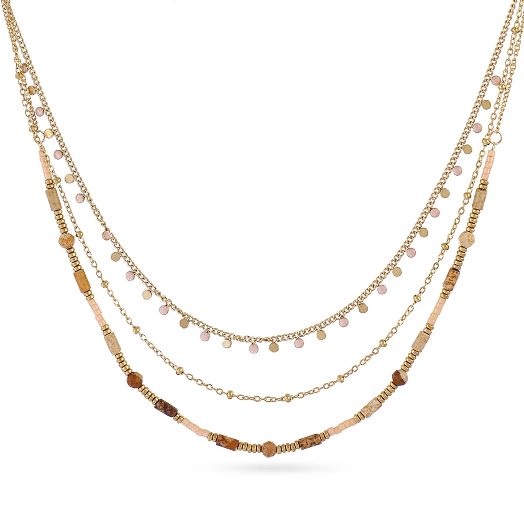 Collar triple de piedras naturales en acero con piedras marrones y cadenas doradas, vista general