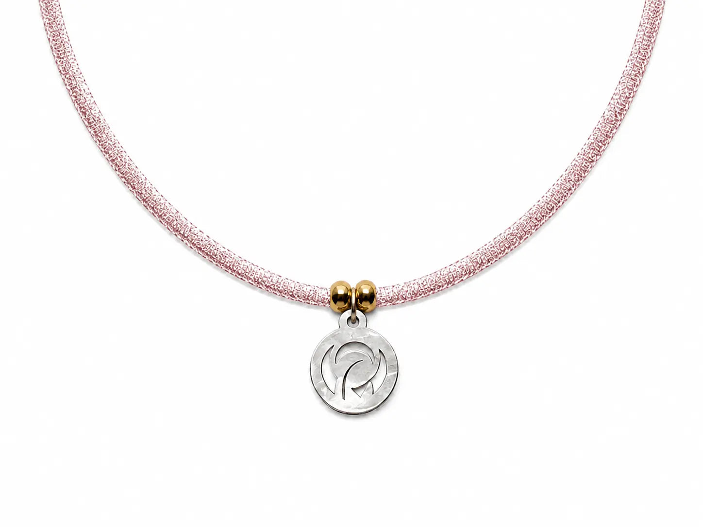 Collar Virgen Niña con cordón de licra rosa claro y medalla de acetato, ideal regalo de comunión