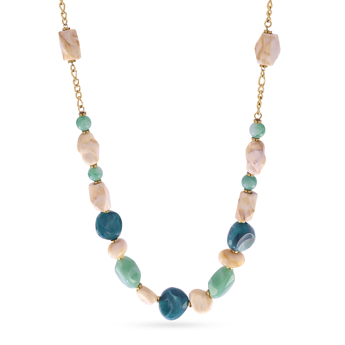 Detalle del Collar Marbles Brezza con cuentas de resina en tonos azulados y dorado brillante – Cobalto Accesorios