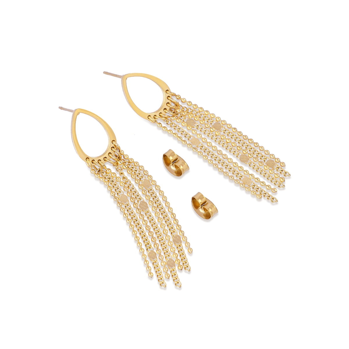 Pendientes dorados con cierre a presión y caída de cadenas, vista superior del conjunto