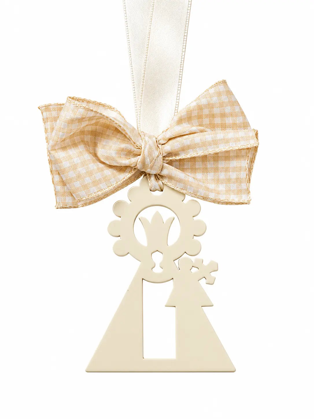 Medalla de cuna beige con lazo vichy y cinta satinada, decoración delicada para cuna infantil