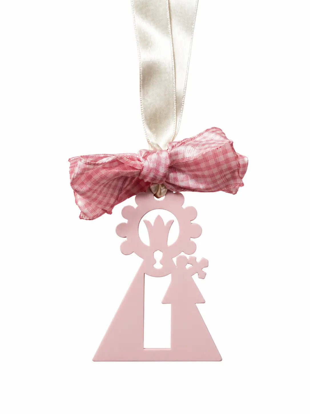 Medalla de cuna rosa con lazo vichy y cinta satinada, detalle decorativo para habitación infantil