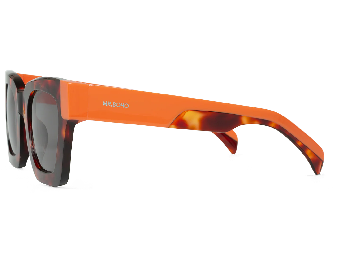 Vista lateral de las gafas de sol Mr. Boho BONDI Jarana con varillas anchas en naranja coral