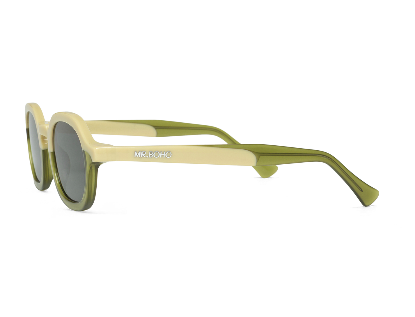 Vista lateral de las gafas de sol Mr. Boho ELPATIO Bergamot con varillas en tonos crema y verde
