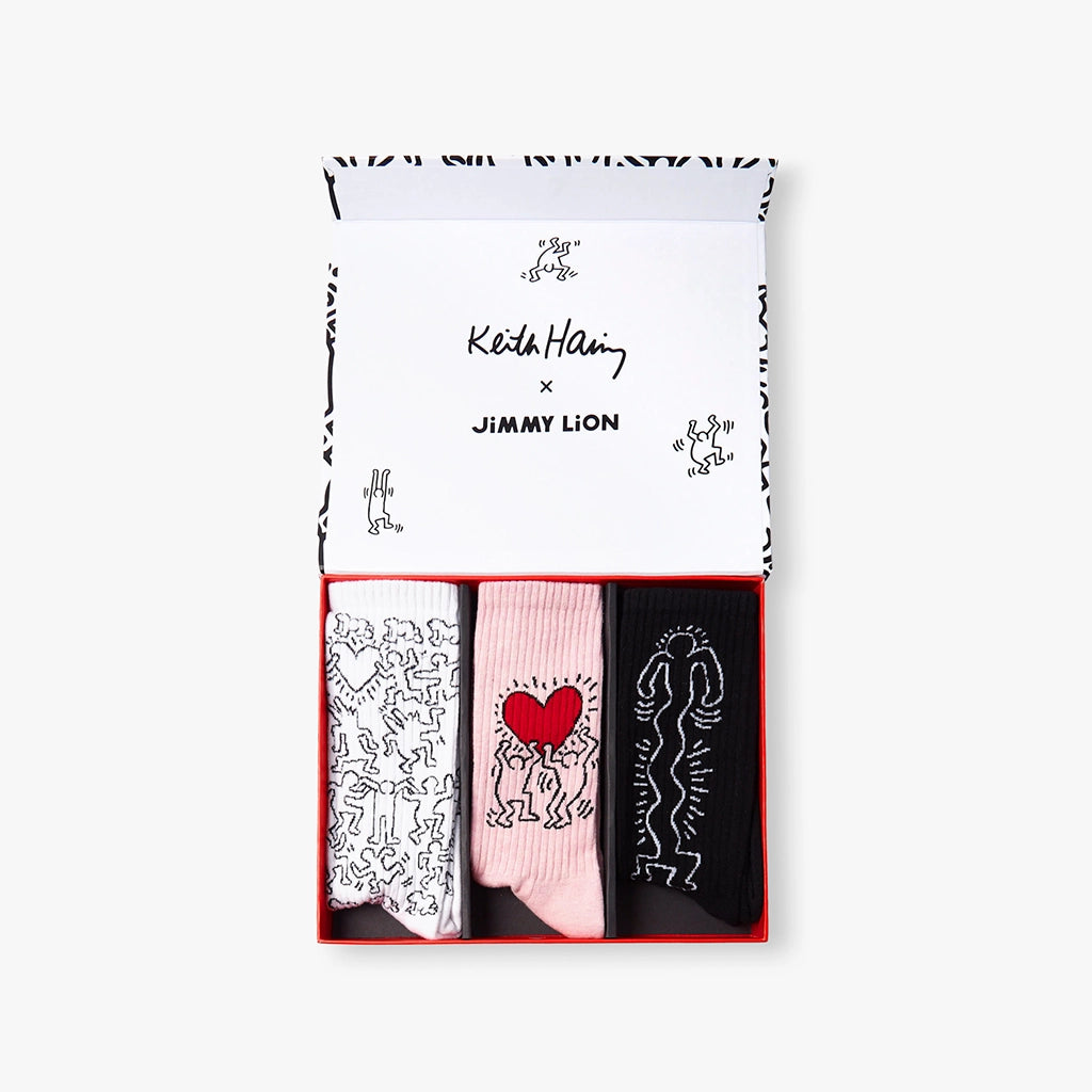 Detalle del pack Jimmy Lion Athletic Keith Haring, caja regalo con calcetines artísticos
