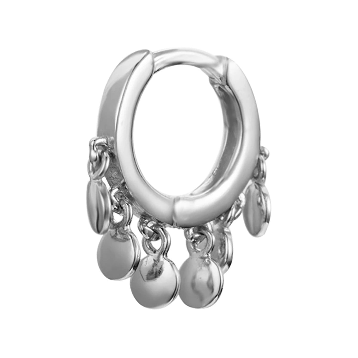 Pendiente Aro con charms colgando en plata, de frente con varios discos colgantes