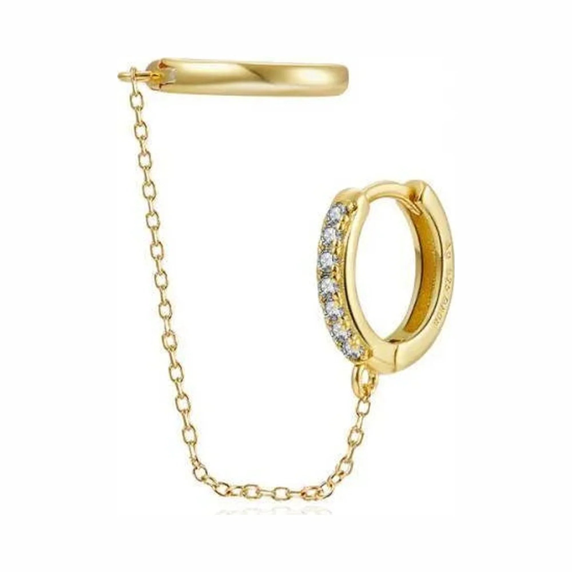 Pendiente doble aro con cadena y circonitas blancas en plata 925 con baño de oro