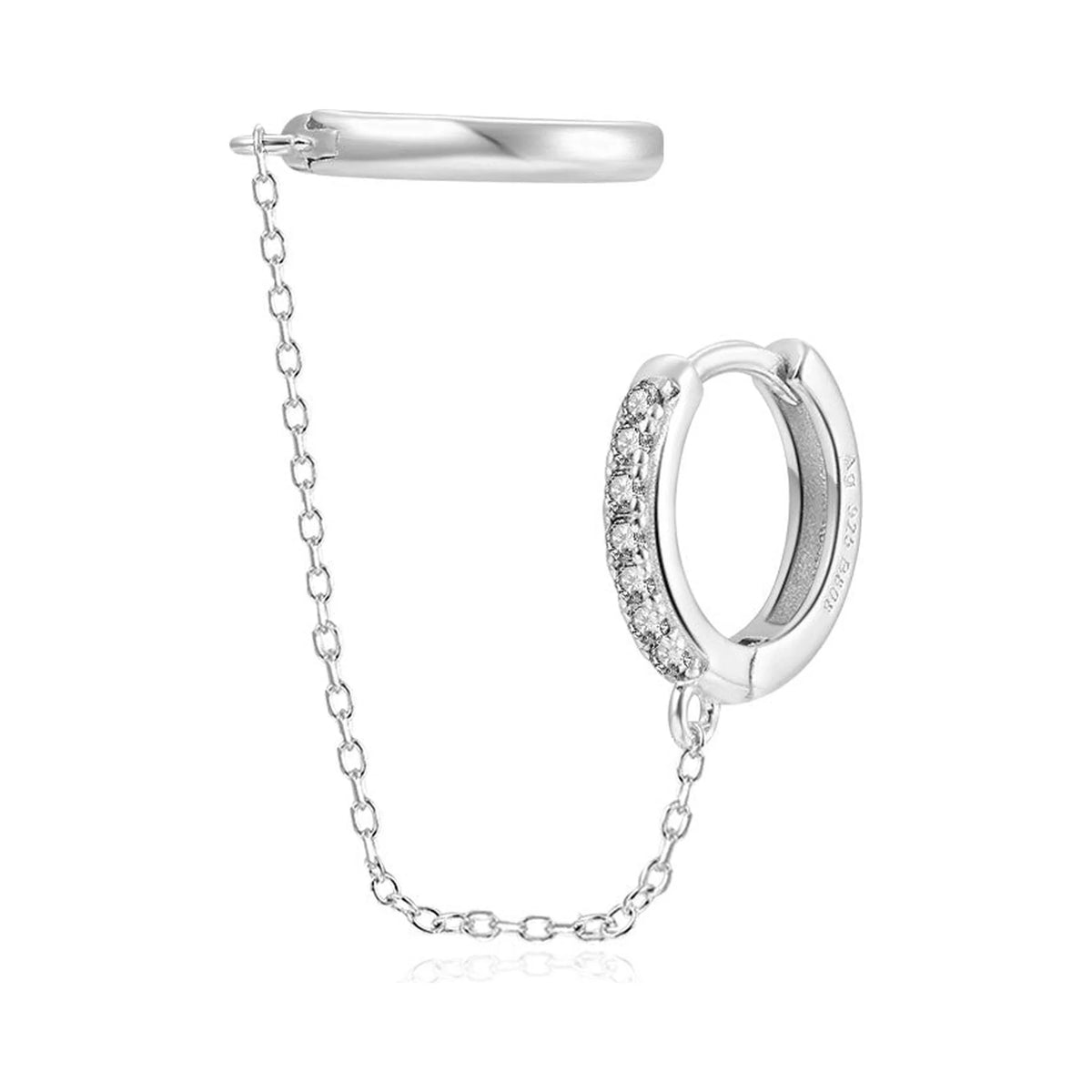 Pendiente doble aro con cadena y circonitas blancas en plata 925 rodiada
