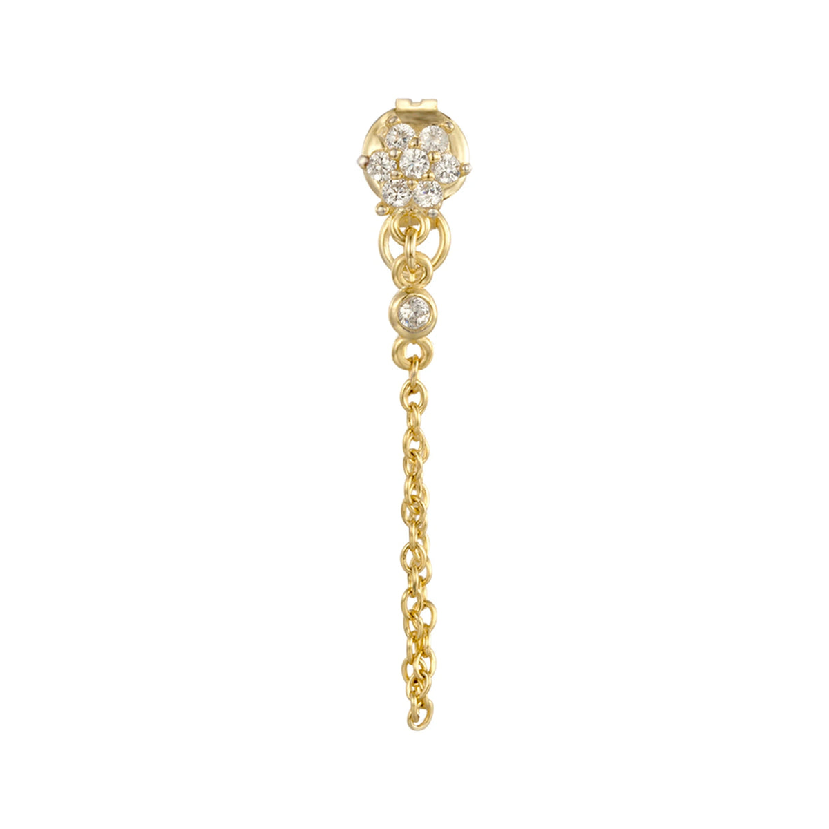 Pendiente Flor con Cadena y Circonitas en dorado, blanca, de frente con flor y cadena colgante