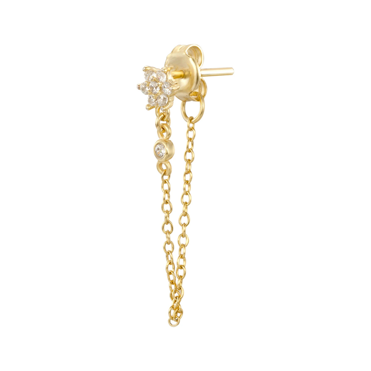 Pendiente Flor con Cadena y Circonitas en dorado, blanca, de perfil con perno y cadena doblada