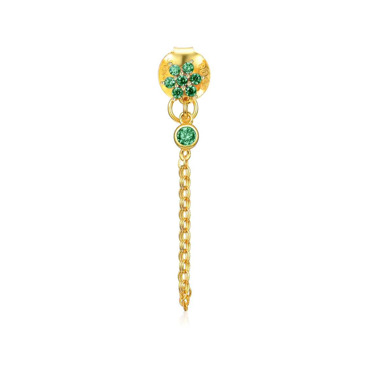 Pendiente Flor con Cadena y Circonitas en dorado, verde, de frente con flor y cadena colgante