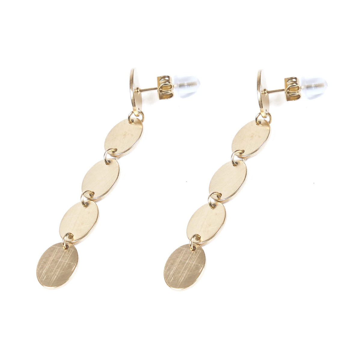 Pendientes 5 Chapitas Colgando de Acero 316L en dorado mate, de perfil