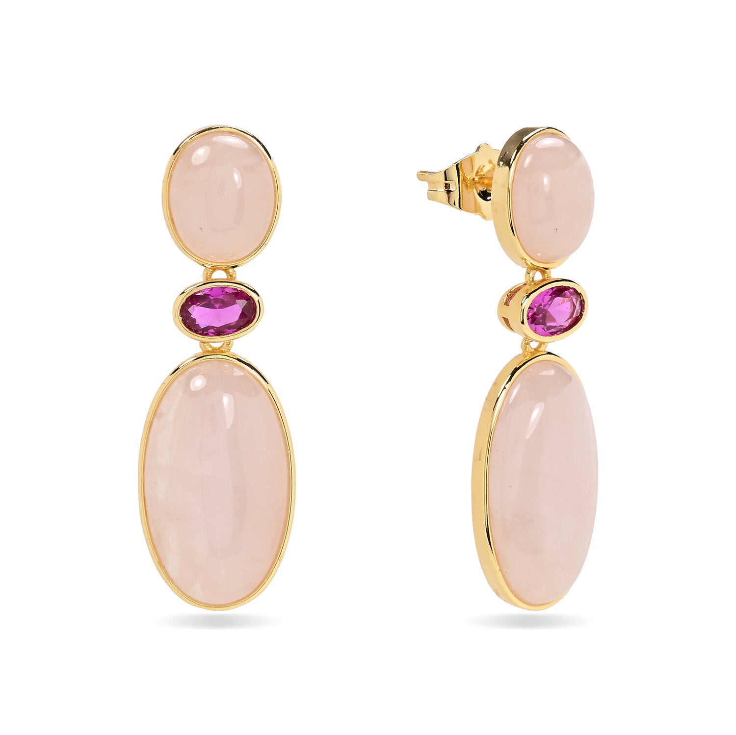 Pendientes Aurora Dúo con cuarzo rosa y cristal en acabado dorado de Cobalto Accesorios