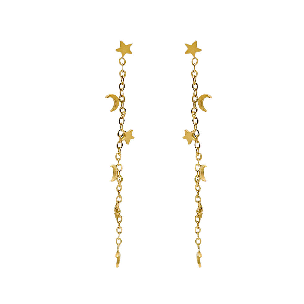 Pendientes largos dorados de cadena con estrellas y lunas en acero inoxidable 316L, diseño celestial y elegante, Cobalto Accesorios Valencia