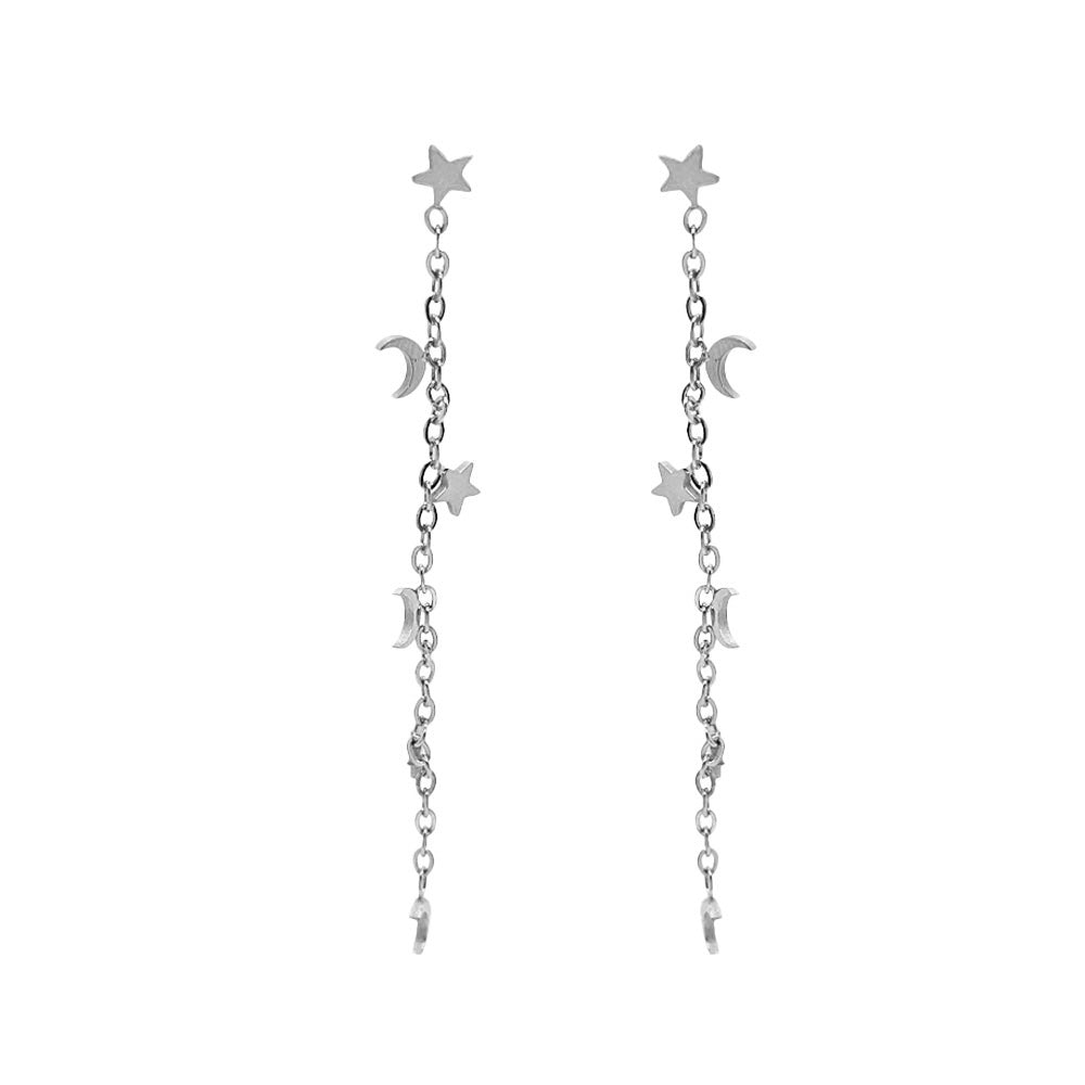 Pendientes largos plateados de cadena con estrellas y lunas en acero inoxidable 316L, estilo moderno y delicado, Cobalto Accesorios Valencia