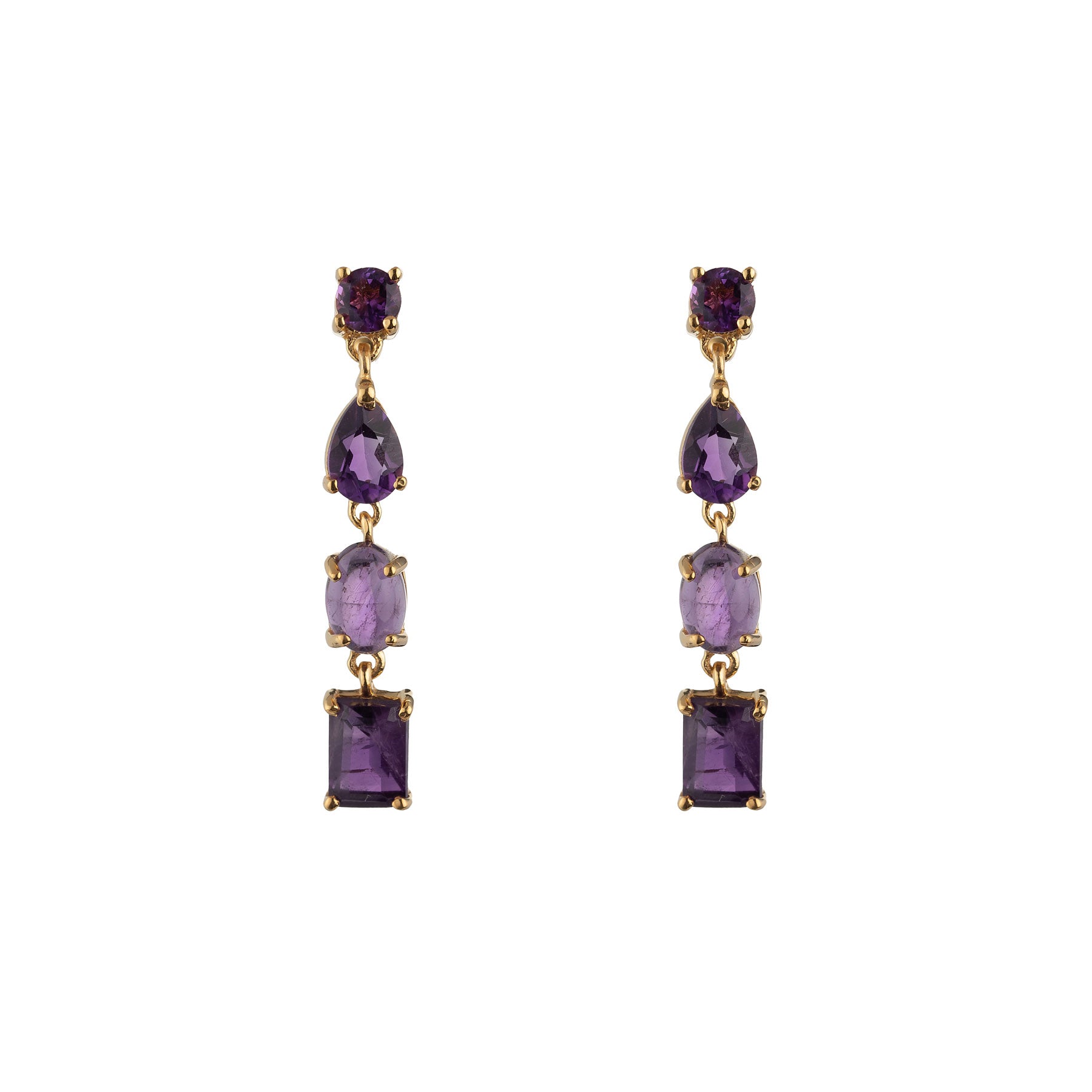 Pendientes largos Cascade de amatista con plata de ley 925 bañada en oro 18k (par)