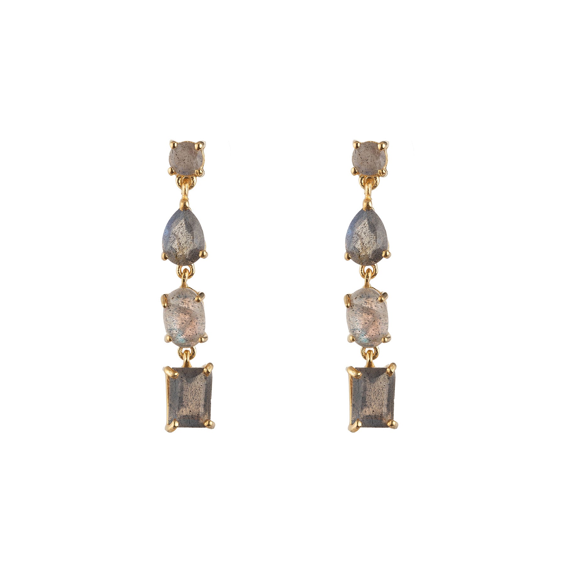 Pendientes largos cascade de labradorita con plata de ley 925 bañada en oro 18k (par)