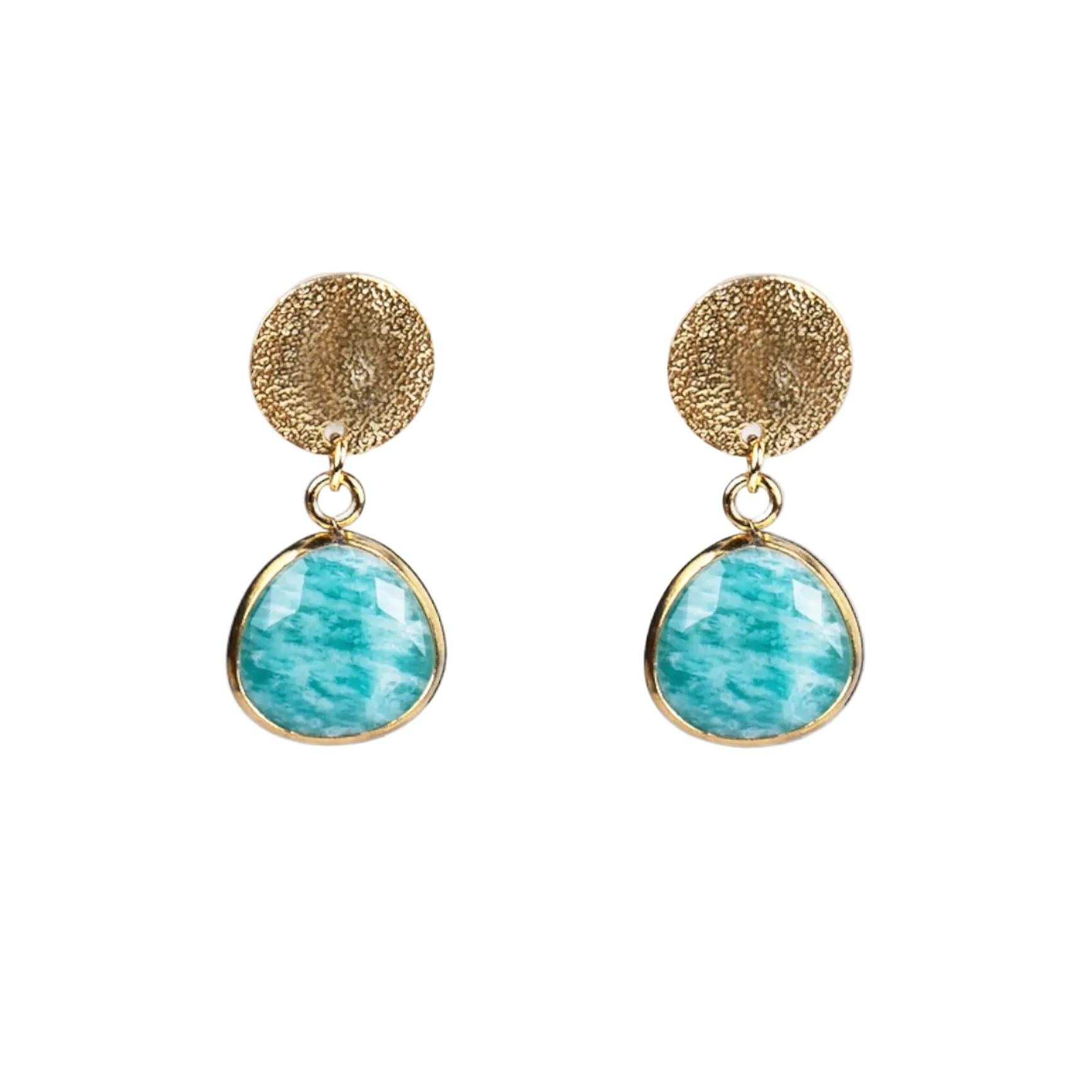 Pendientes chapita dorada con amazonita - Cobalto Accesorios Valencia