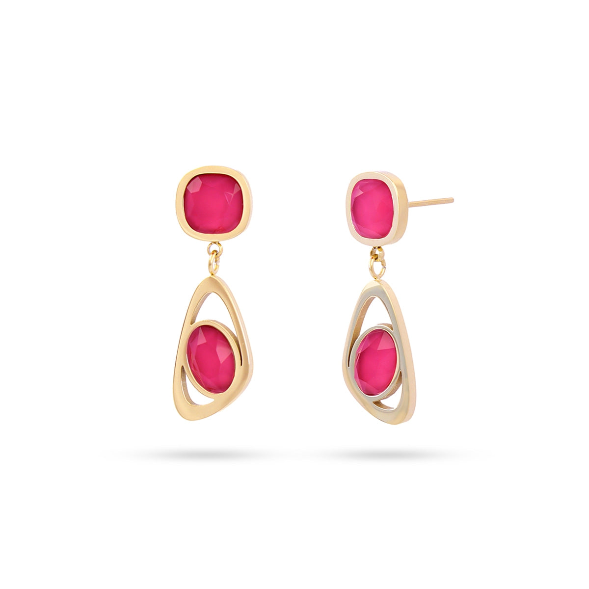 Pendientes dorados con piedra fucsia y diseño orgánico de 30 mm
