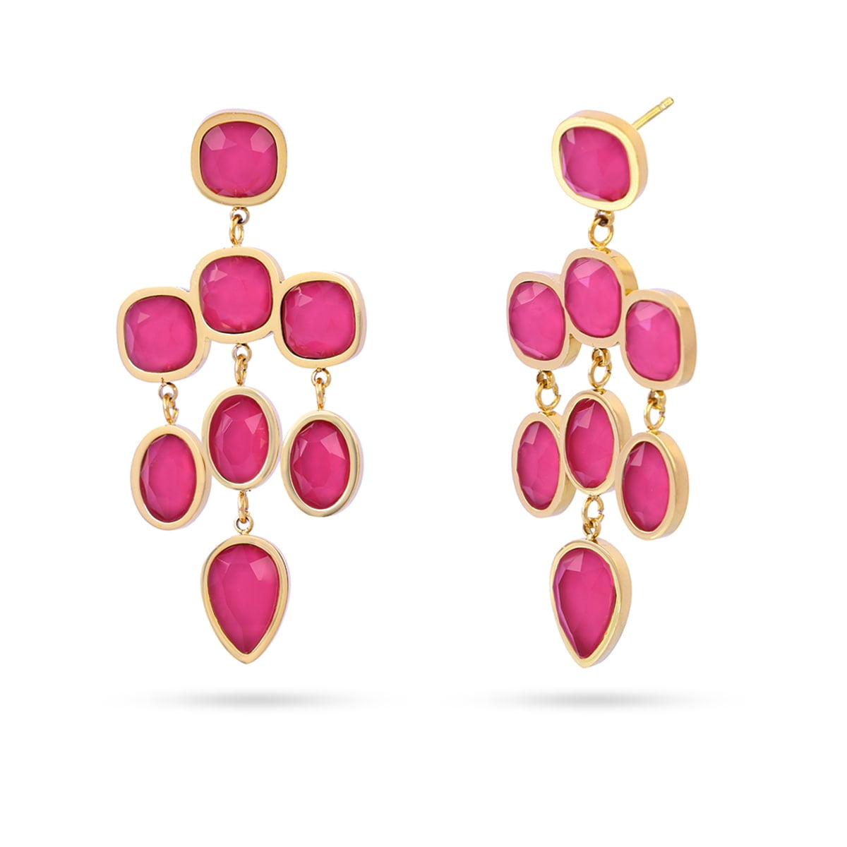 Pendientes dorados con cristales fucsia en forma de cascada
