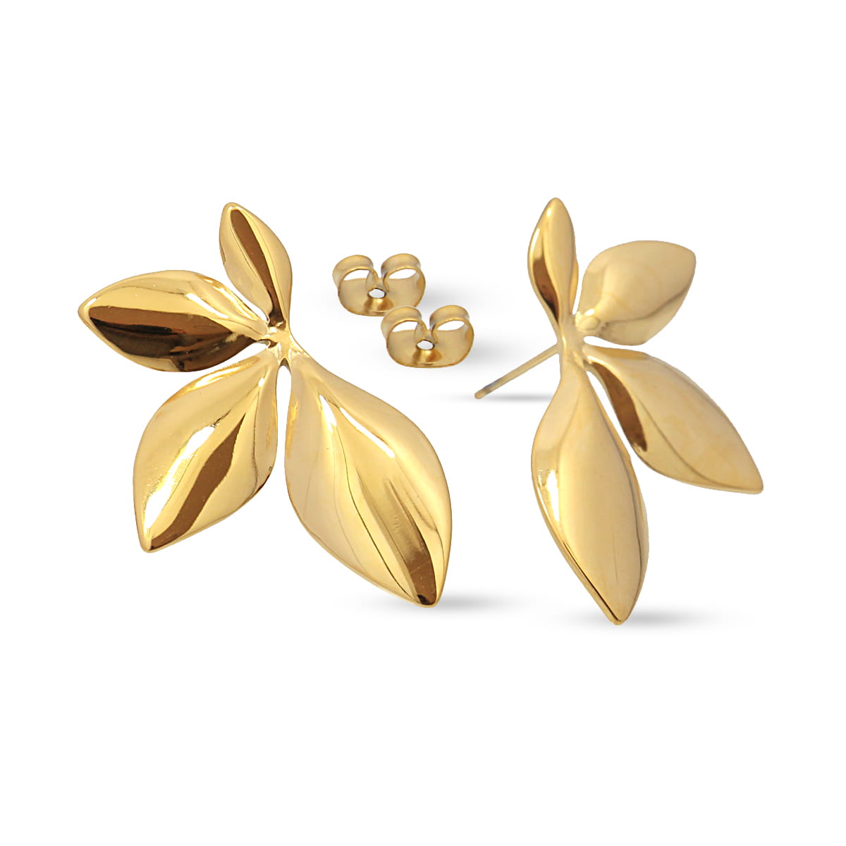 Vista lateral de los pendientes Hoja Áurea con acabado pulido brillante