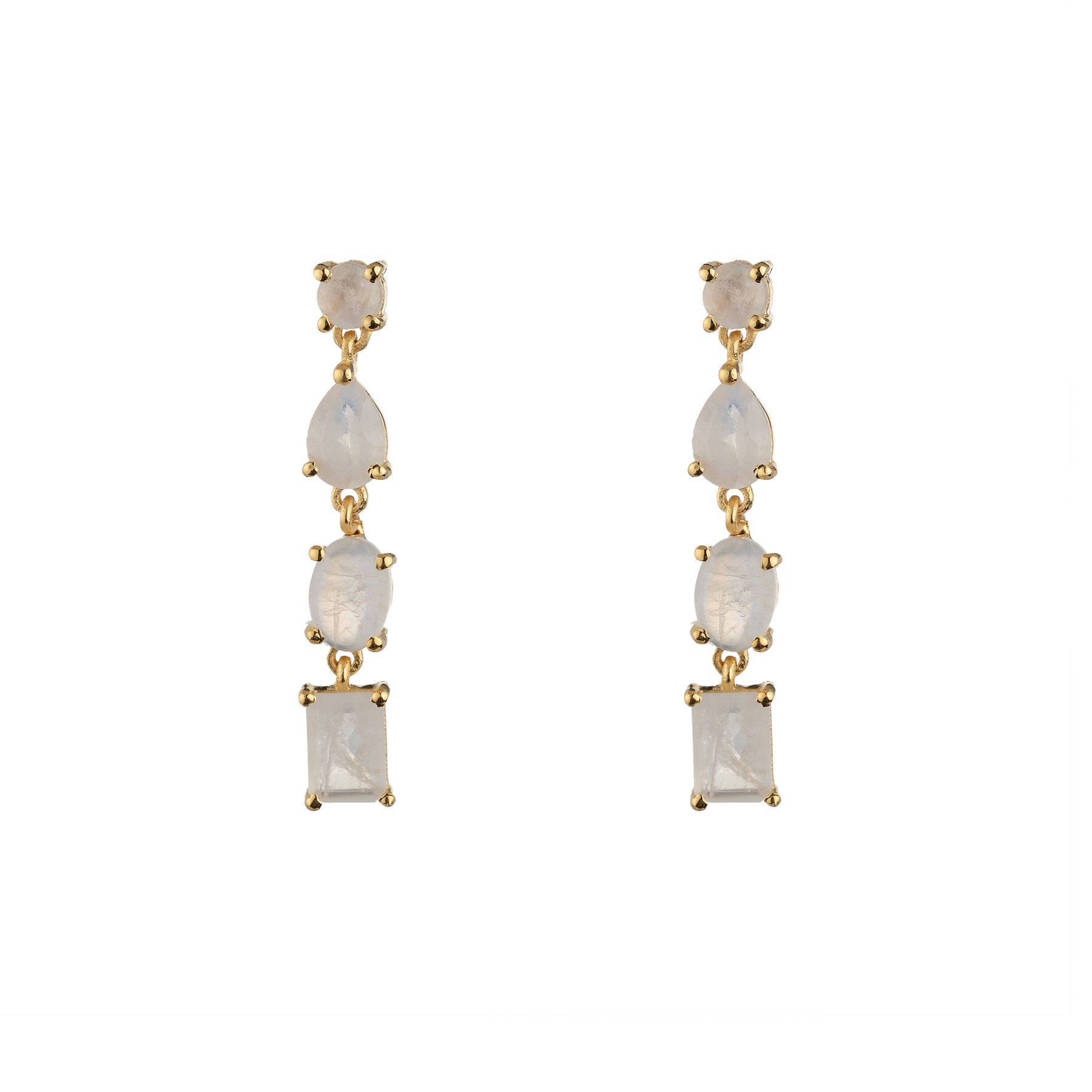 Pendientes largos cascade de piedra luna con plata de ley 925 bañada en oro 18k (par)