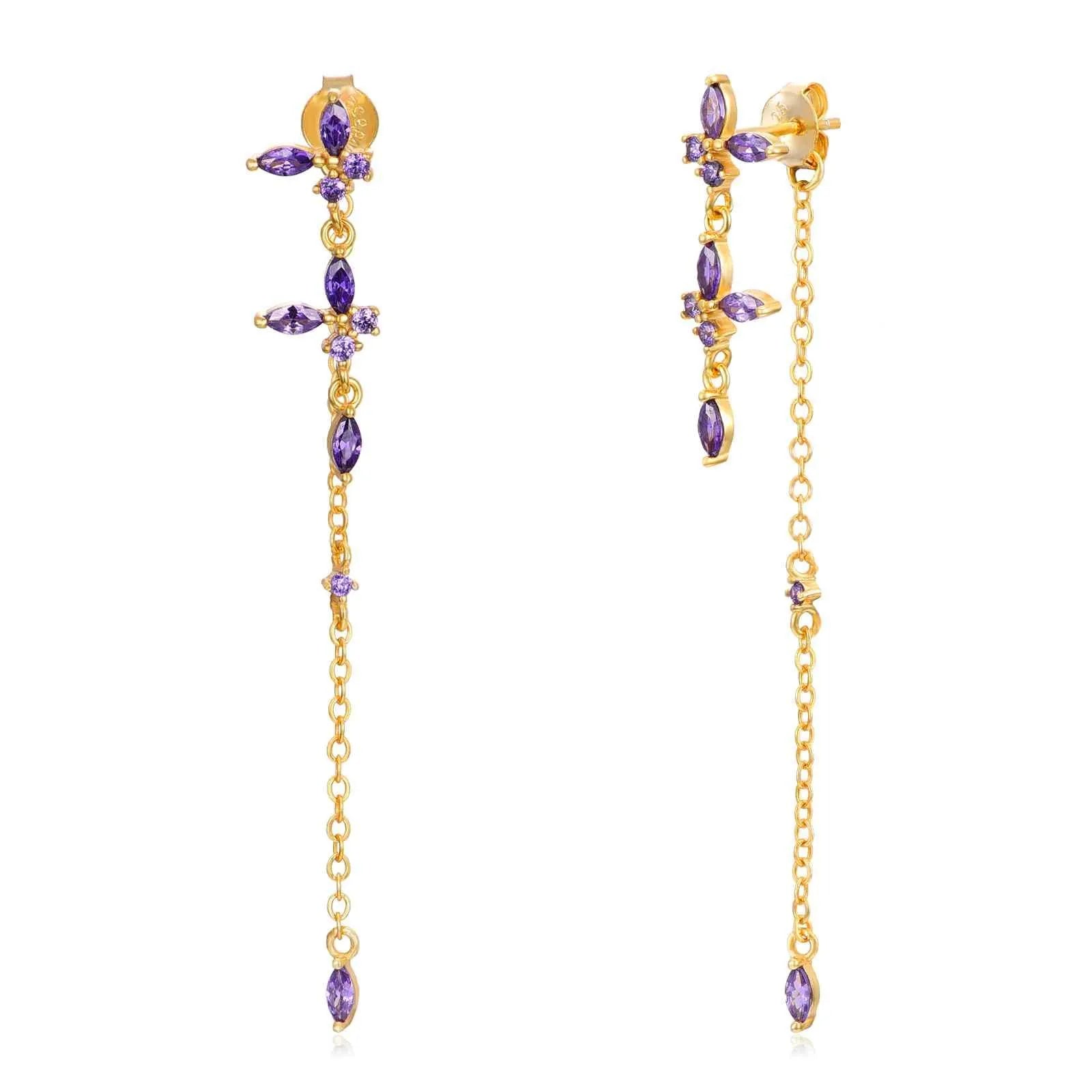 Pendientes largos con circonitas amatista o verdes, diseño brillante para eventos