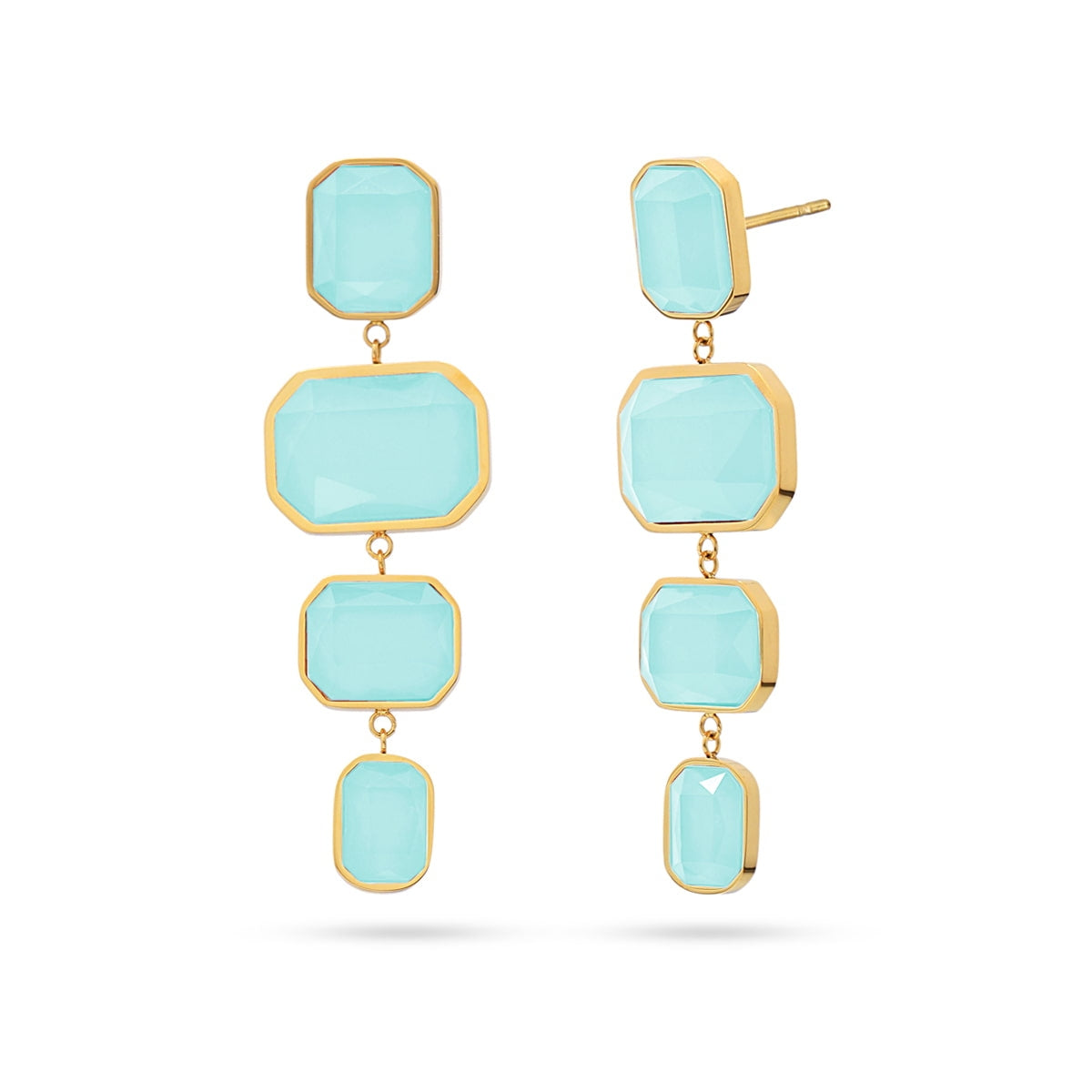Pendientes largos con cristales en tono aguamarina, diseño fresco y luminoso para invitadas o eventos