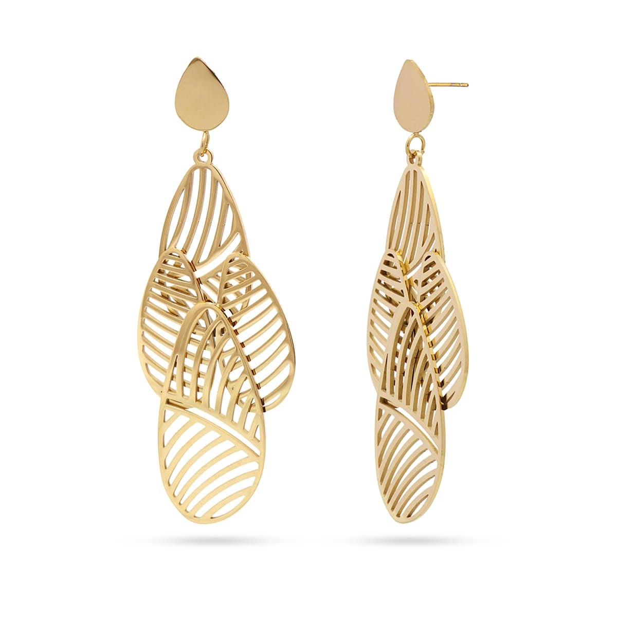 Detalle de los Pendientes Luxor con hojas caladas, pieza de acero con diseño elegante