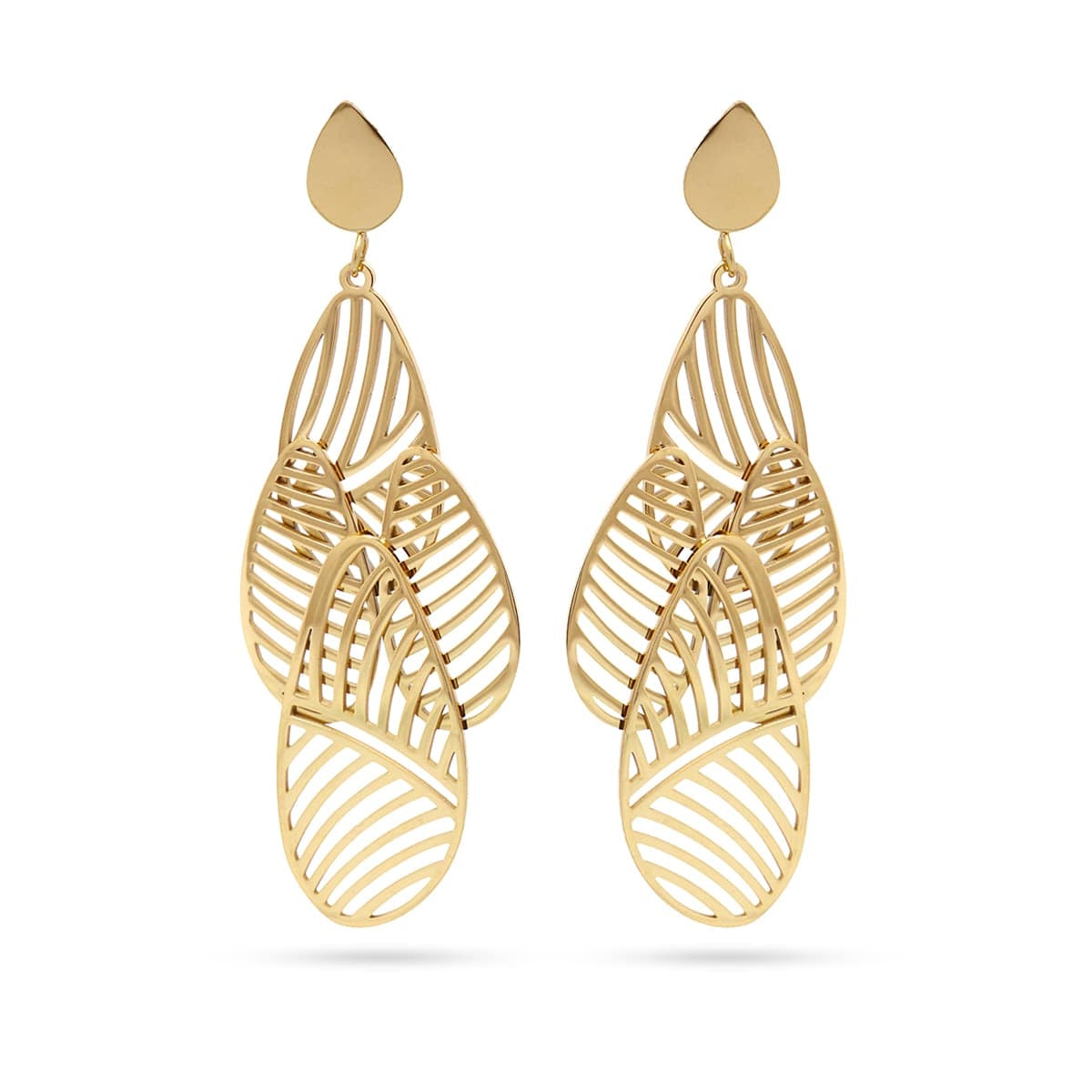 Pendientes Luxor de hojas caladas en acero, diseño largo y elegante con textura ligera