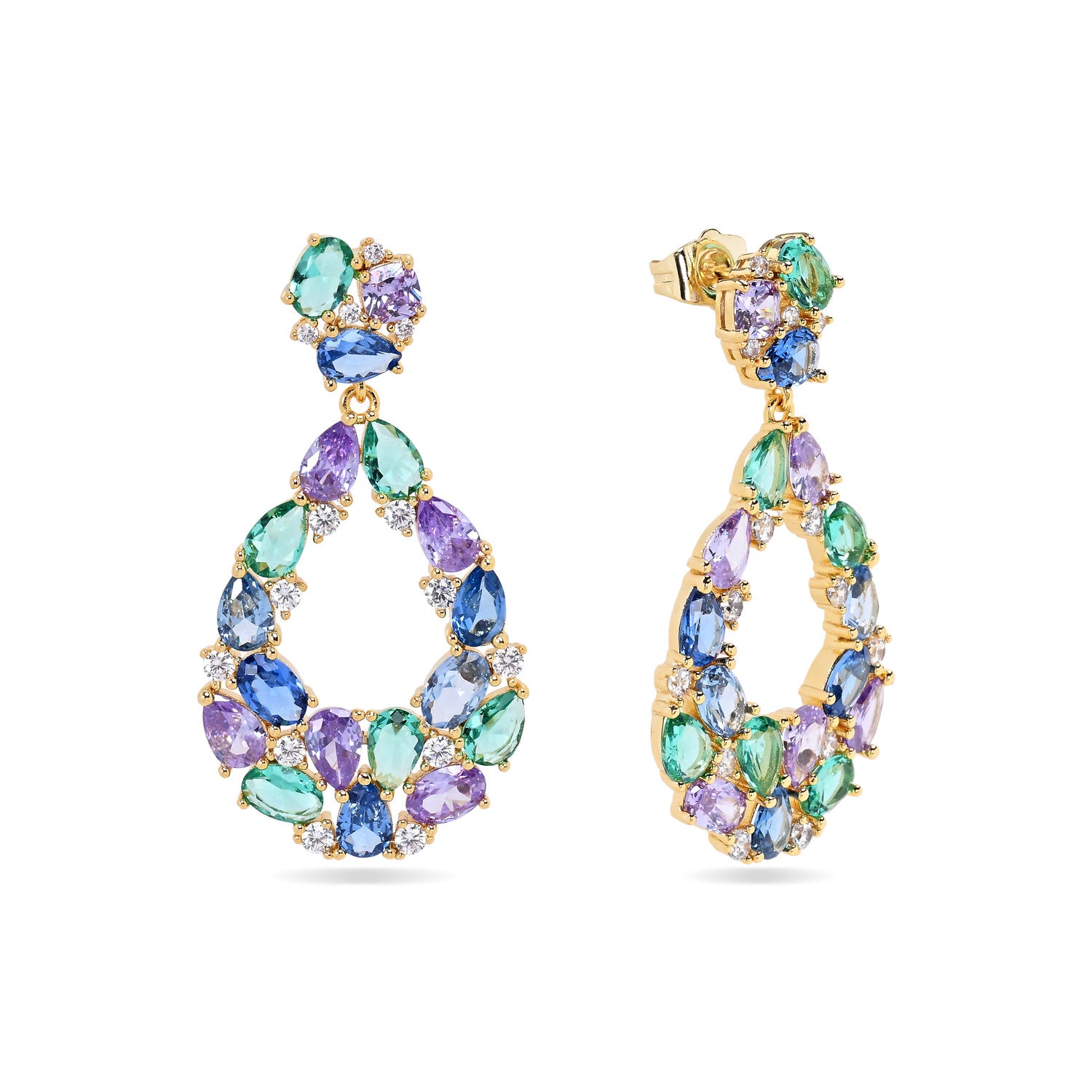 Pendientes Prisma azules con circonitas multicolor y acabado dorado