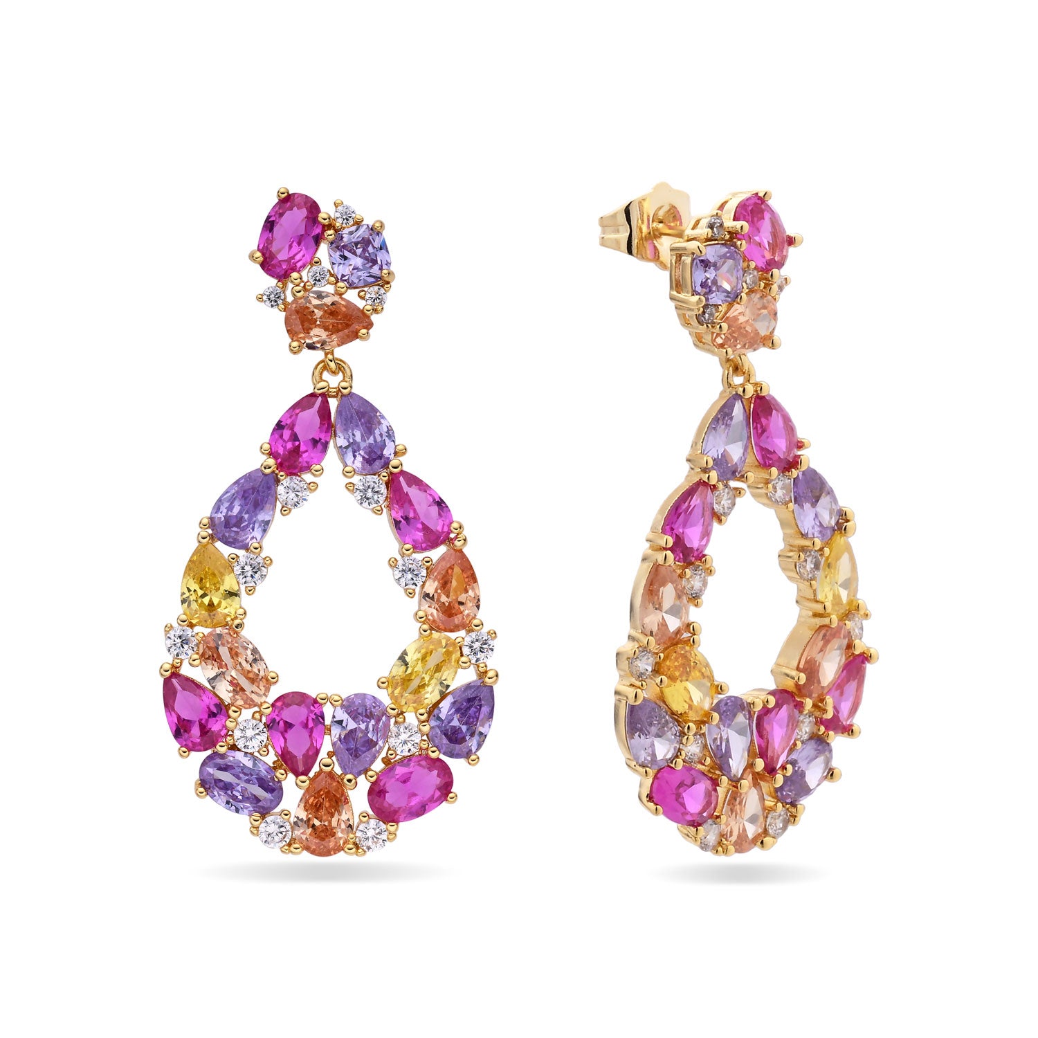 Pendientes Prisma rubí con circonitas de colores y baño en oro de 18K