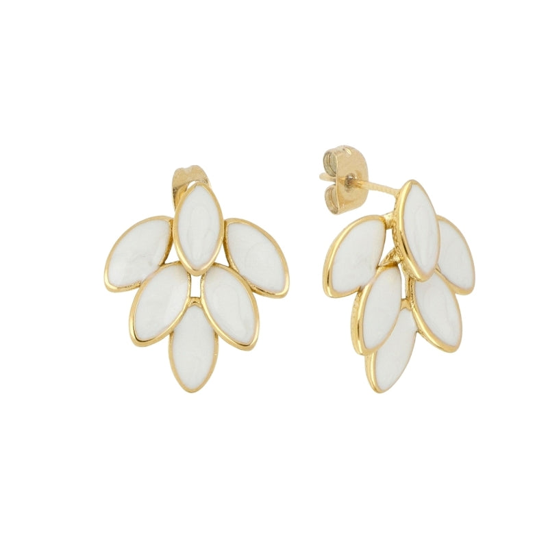 Pendientes Racimo de Nácar Blanco con base dorada, diseño floral esmaltado – Cobalto Accesorios Valencia