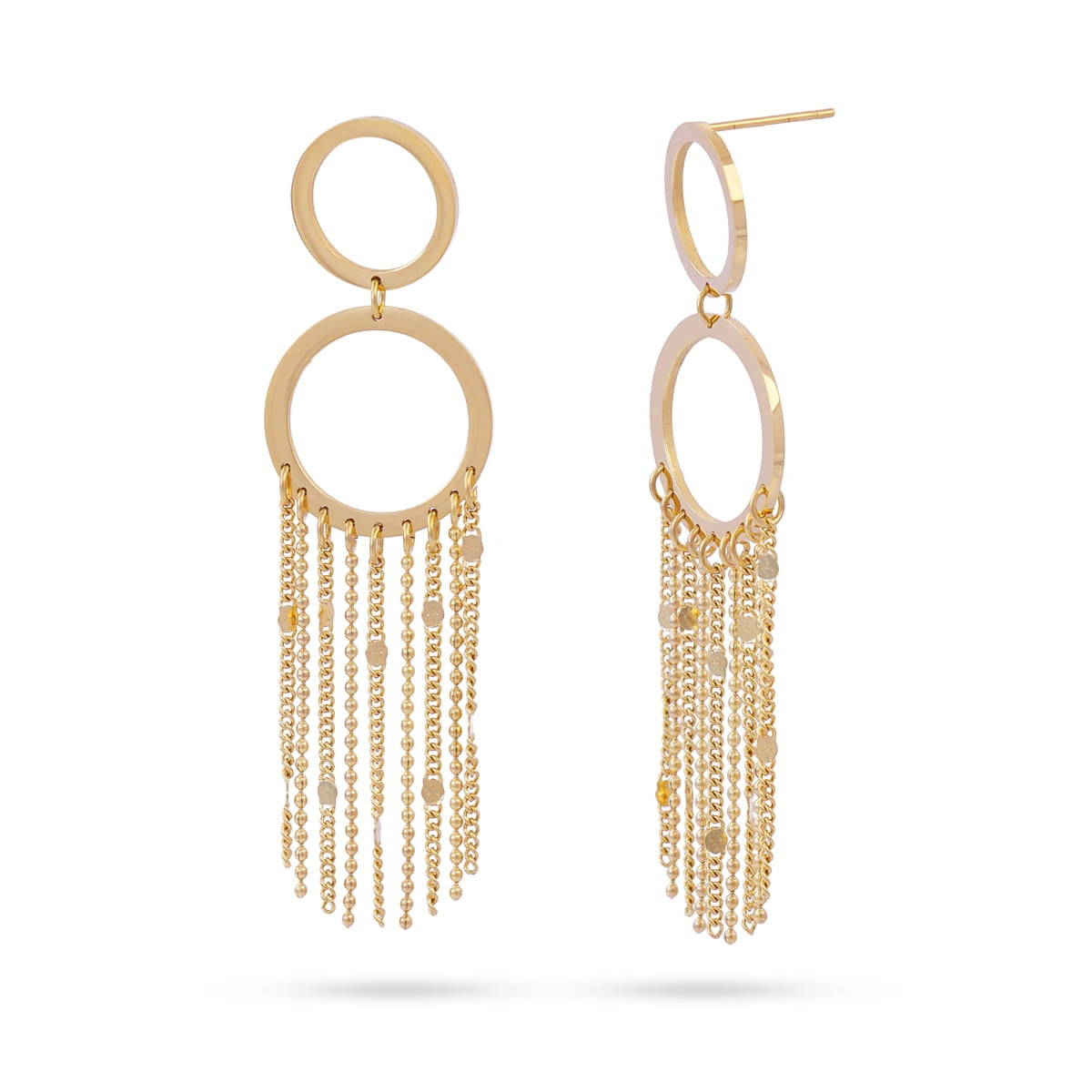 Primer plano frontal de los pendientes Rainfall Aura de diseño circular
