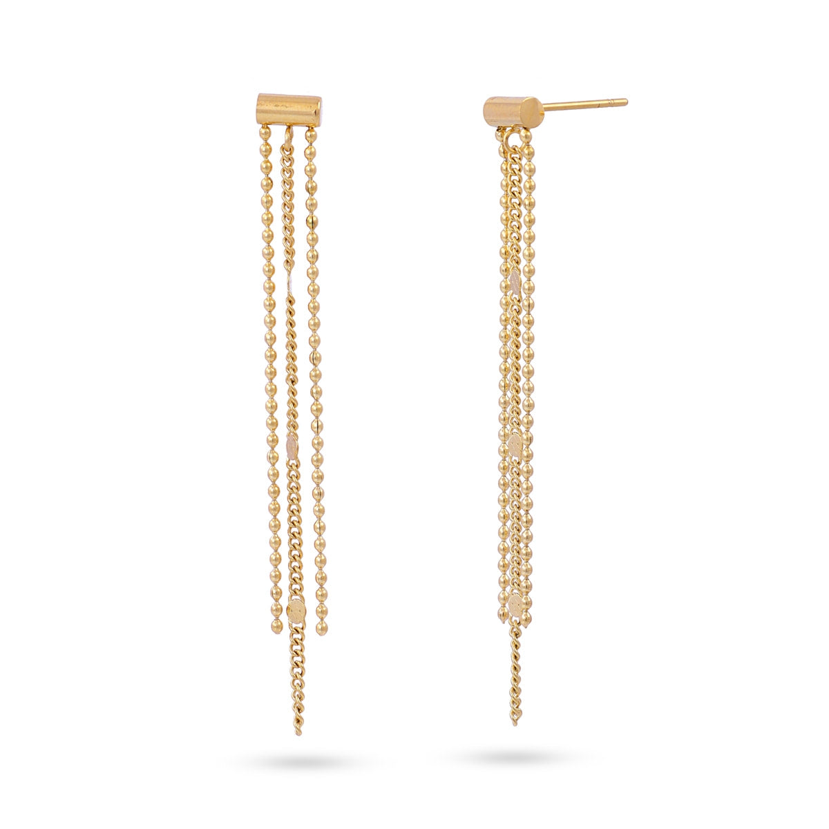 Vista completa de los Pendientes Rainfall Glintsy con cadenas largas doradas