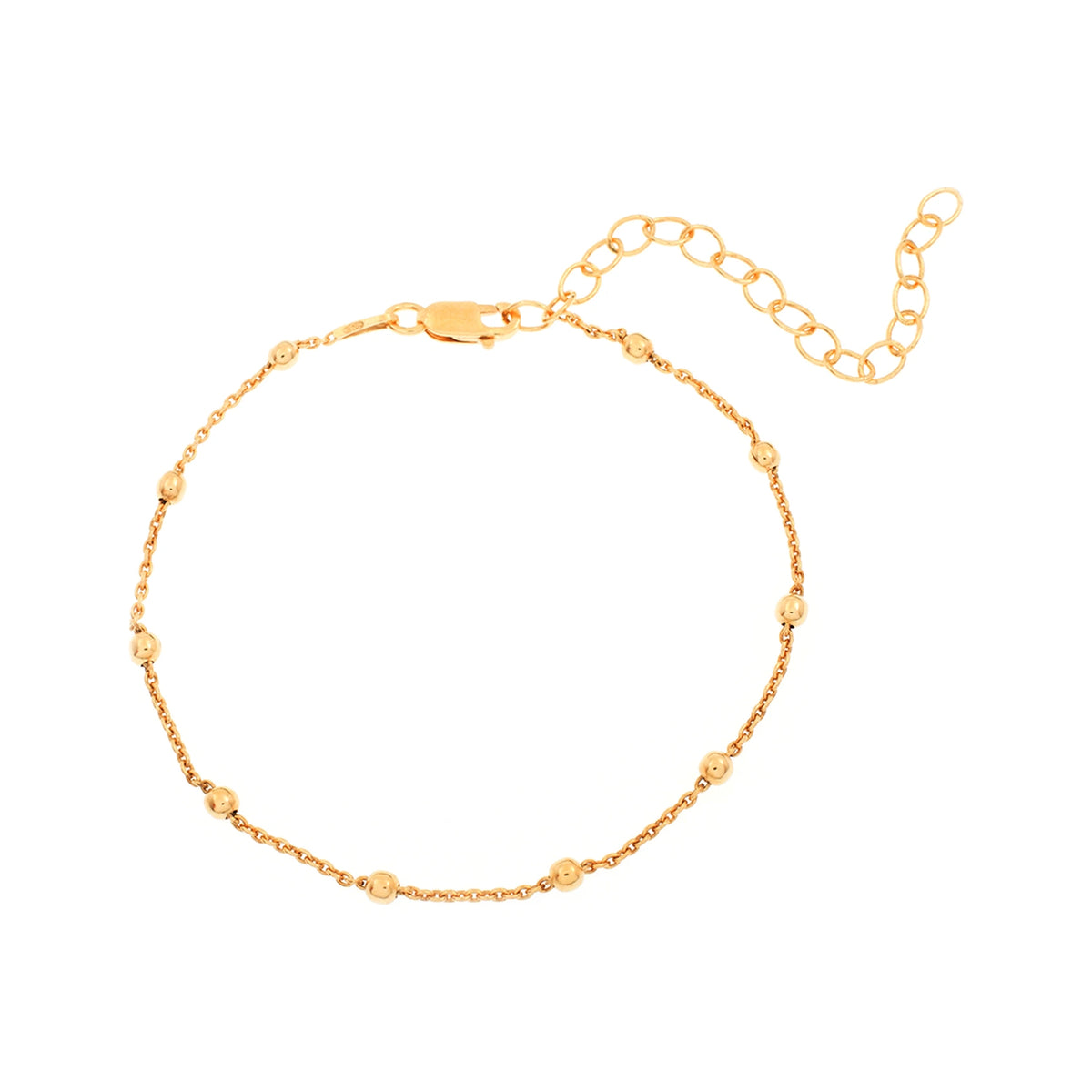 Pulsera de Bolas en Plata de Ley 925 en dorado, pulsera de bolas con cierre y alargador