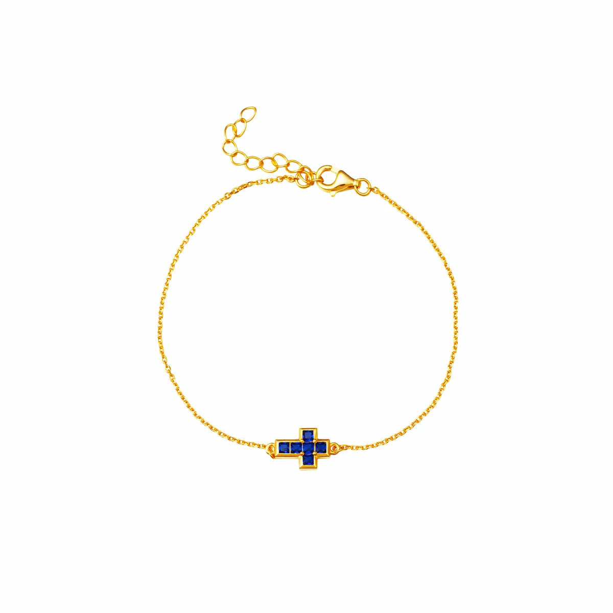 Pulsera Cruz dorada con circonitas azules Cobalto Accesorios