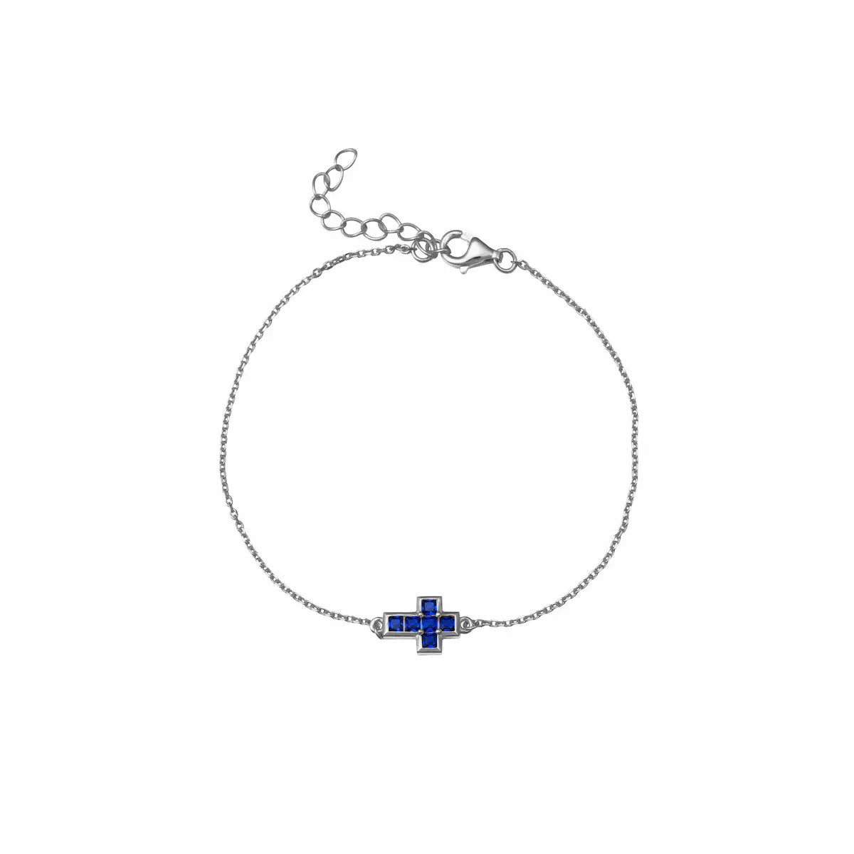 Pulsera Cruz plateada con circonitas azules Cobalto Accesorios
