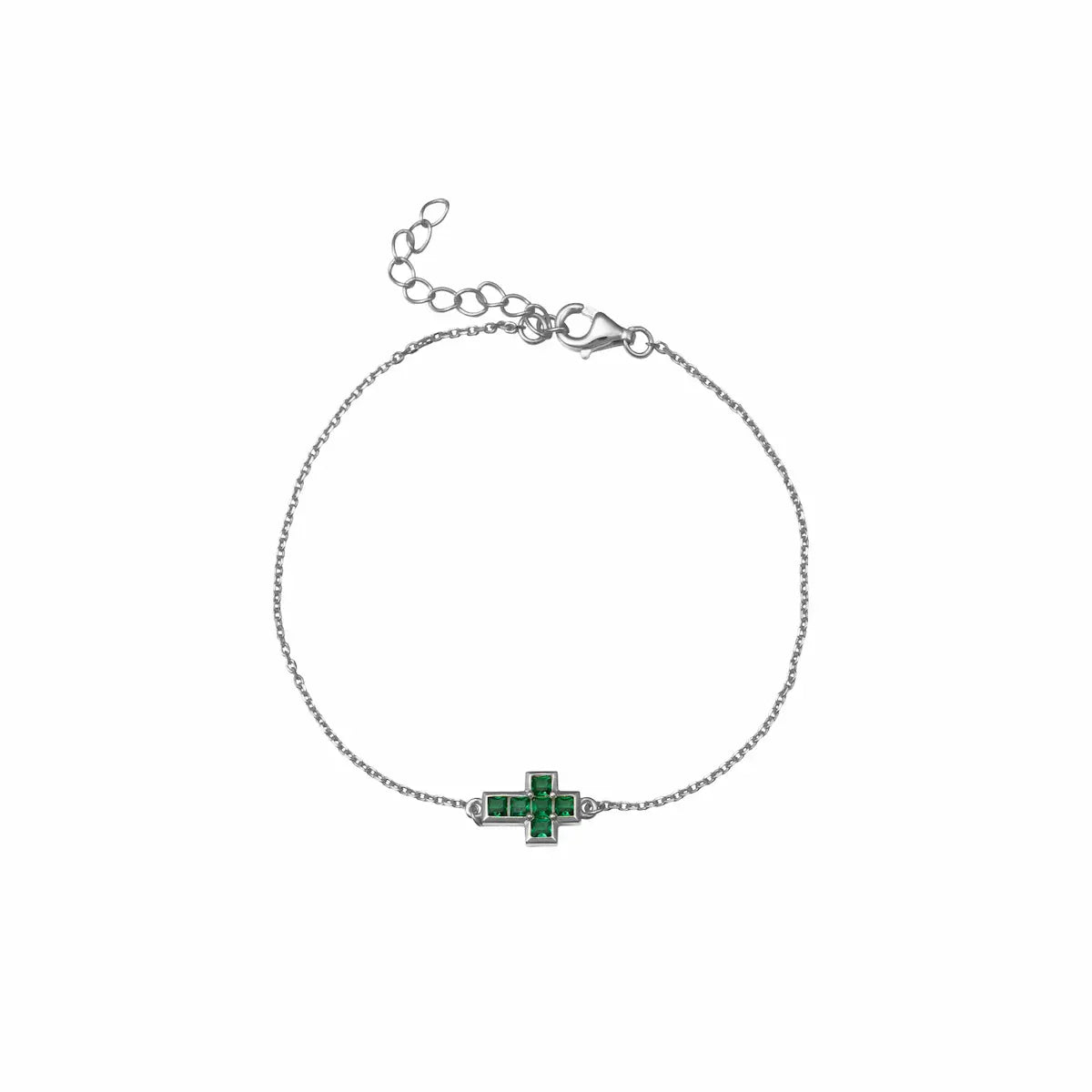Pulsera Cruz plateada con circonitas verdes Cobalto Accesorios