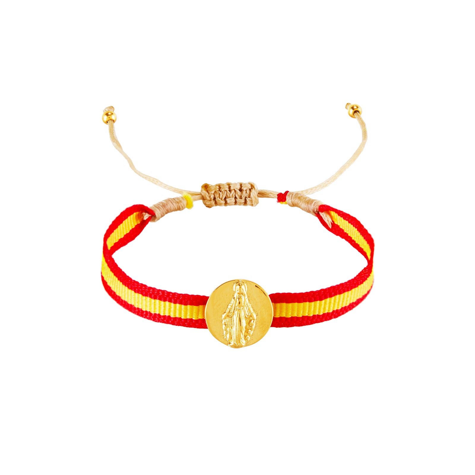 Vista frontal de la pulsera tipo argantina de tela con medalla de la virgen milagrosa