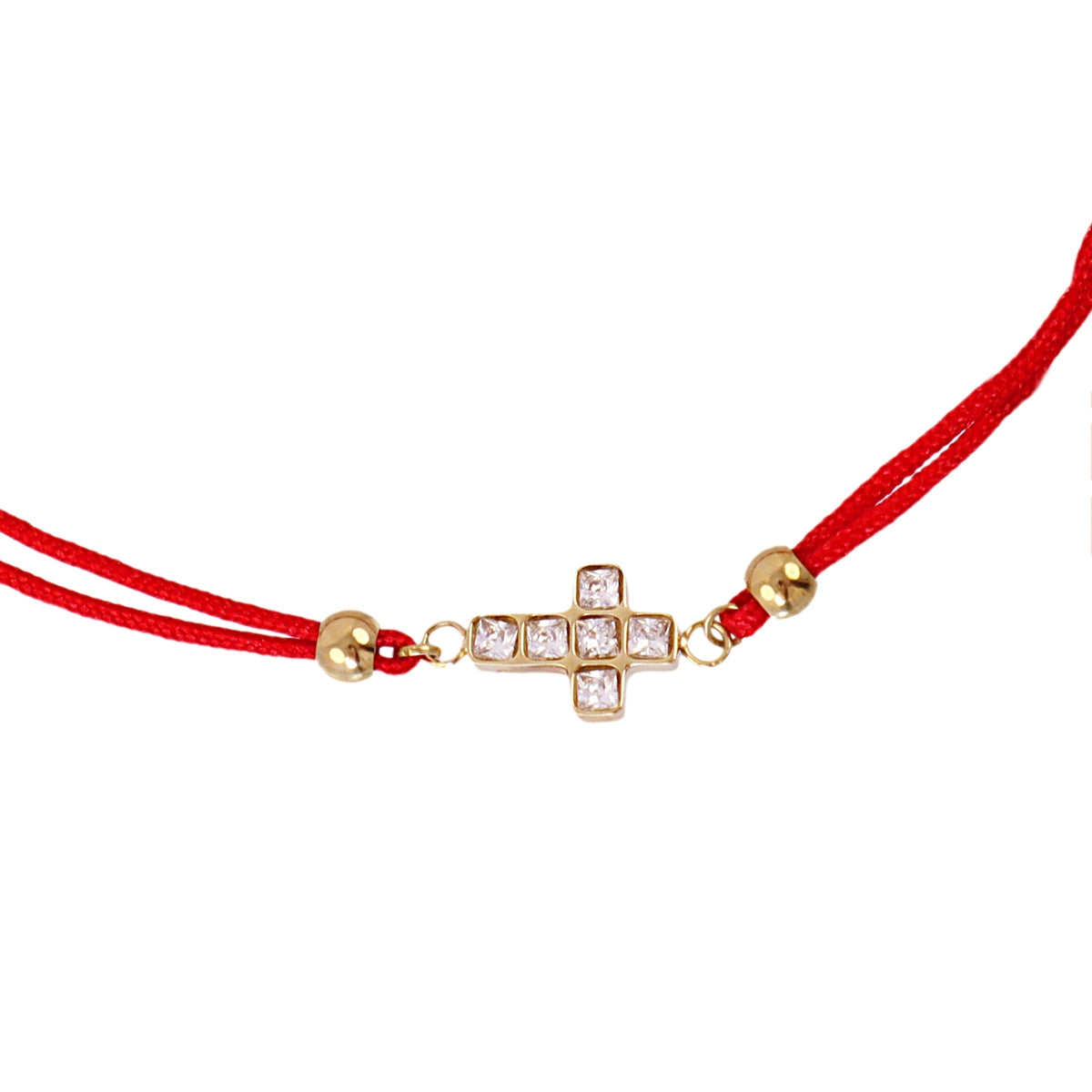 Pulsera roja Infinity Cross con cruz dorada y circonitas, vista en detalle