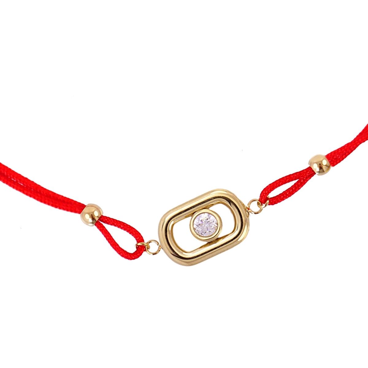 Detalle del charm dorado con circonita central de la Pulsera Infinity Eternal roja en primer plano