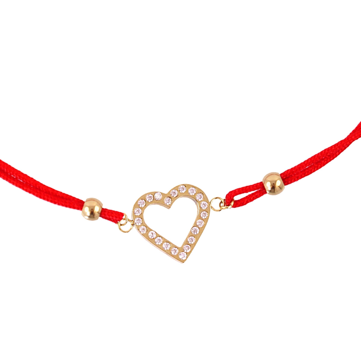 Detalle del corazón con circonitas en la Pulsera Infinity Love roja