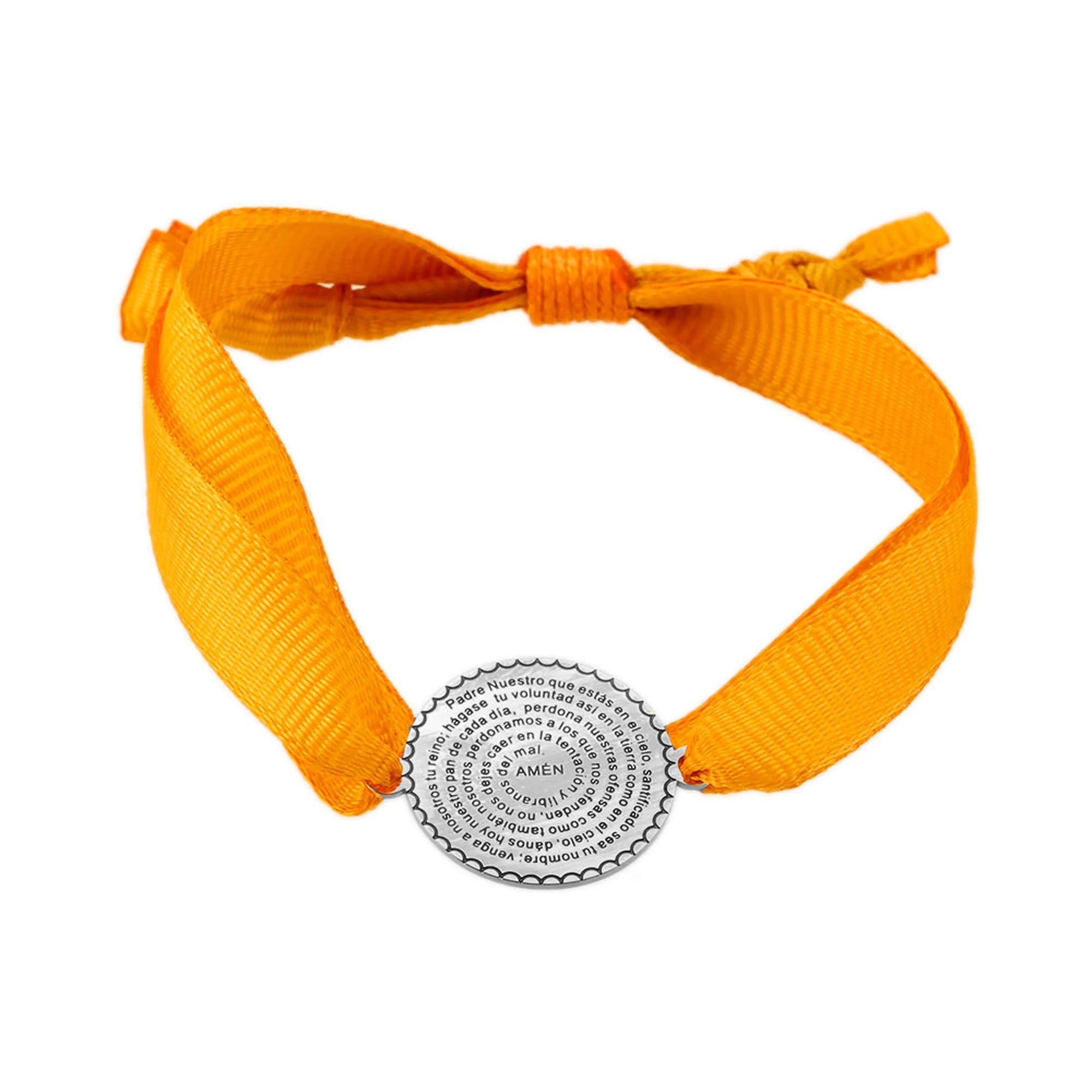 Pulsera Padre Nuestro con medalla plateada y cinta amarilla ajustable