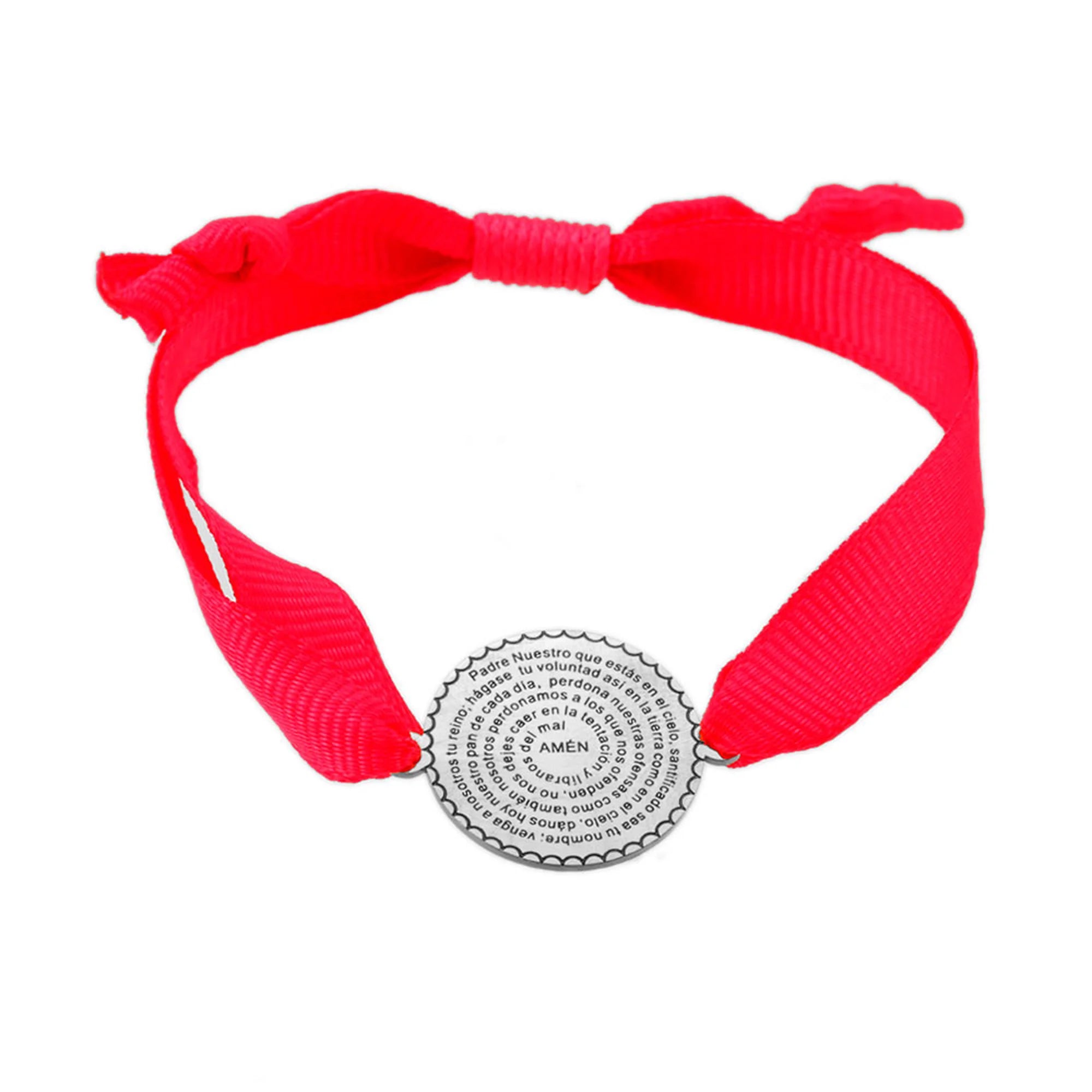Pulsera Padre Nuestro con medalla plateada y cinta fucsia ajustable