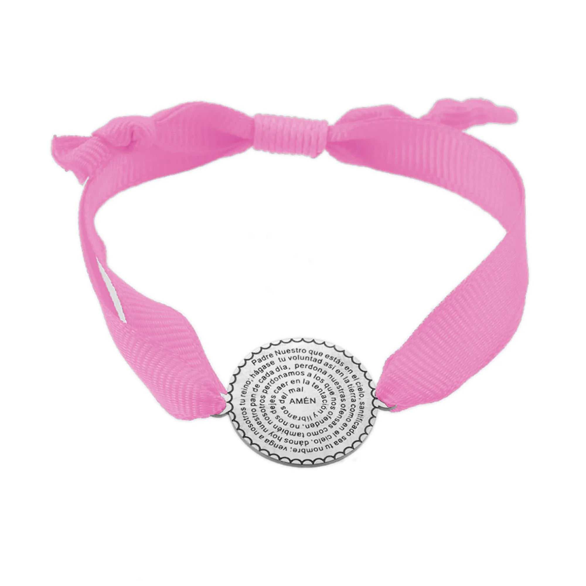 Pulsera Padre Nuestro con medalla plateada y cinta rosa claro ajustable