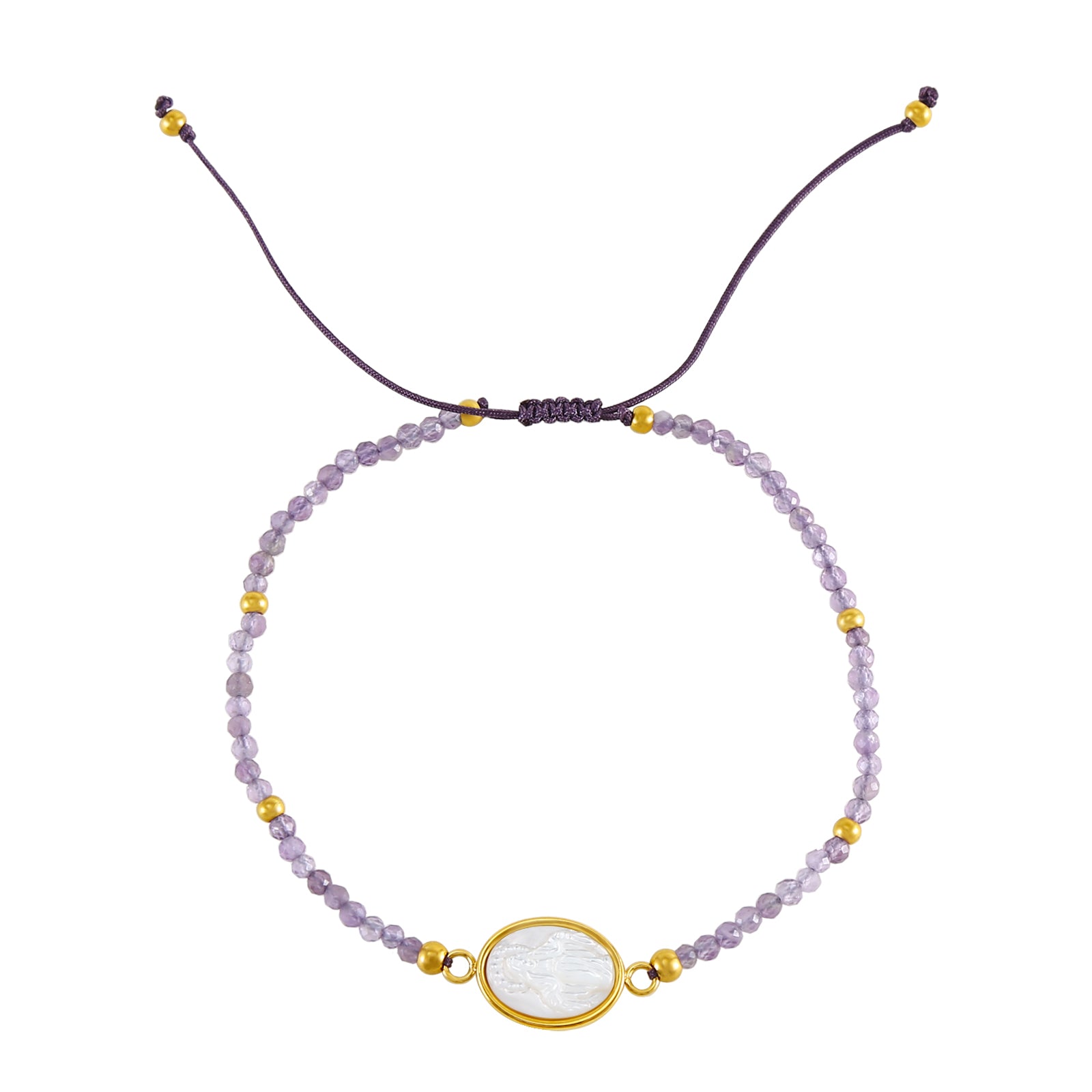 Pulsera Virgen Milagrosa de nácar con piedra natural amatista y medalla dorada